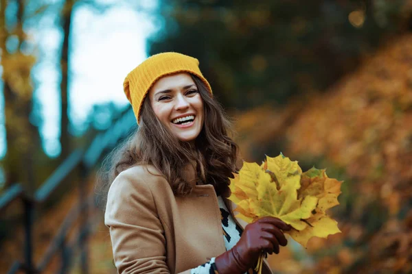 Hello September Happy Middle Aged Woman Brown Coat Yellow Hat — Photo