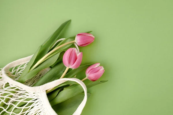 Spring Flat Lay String Bag Tulips Isolated Green — Photo