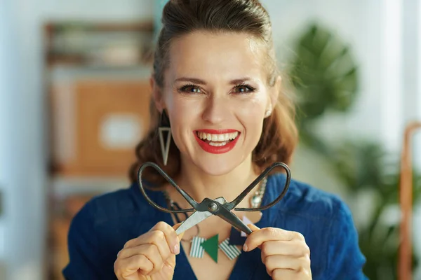 Portrait Happy Elegant Small Business Owner Woman Scissors Office — Stockfoto