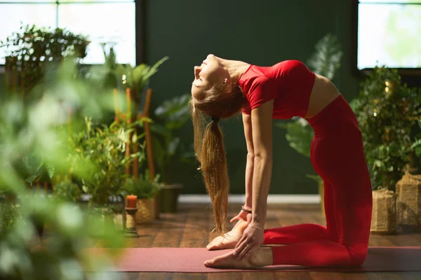 Young Female Red Fitness Clothes Modern Green House Doing Yoga — Stockfoto