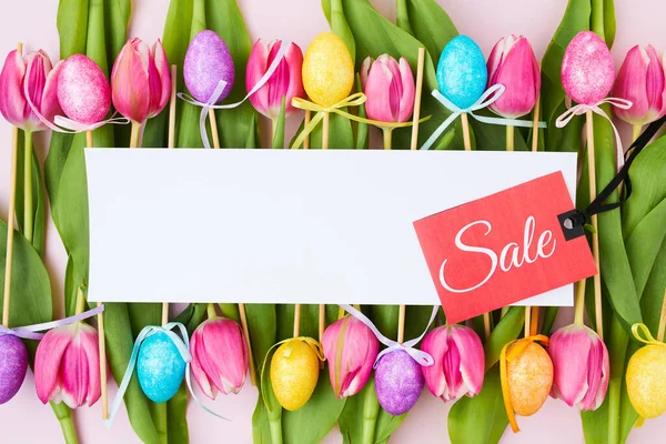 Spring Flat Lay Sale Label Paper Sheet Tulips Easter Eggs — Stockfoto