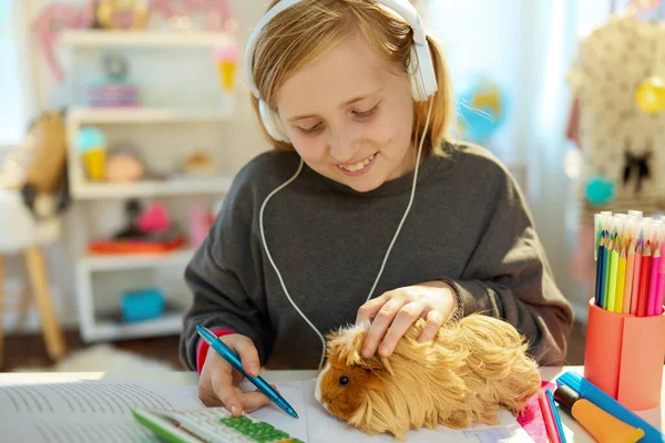 Sonriente Chica Moderna Con Auriculares Conejillo Indias Aprendizaje Línea Casa —  Fotos de Stock