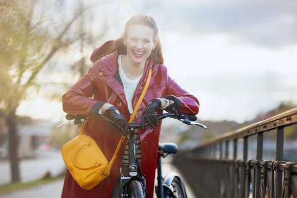 Portrait Smiling Elegant Years Old Woman Red Rain Coat Bicycle — Fotografia de Stock