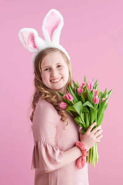 Portrait Smiling Modern Child Pink Dress Tulips Bouquet Bunny Ears — Fotografia de Stock