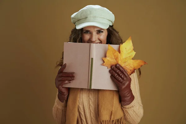 Hello September Happy Stylish Middle Aged Woman Scarf Yellow Autumn — Stok fotoğraf