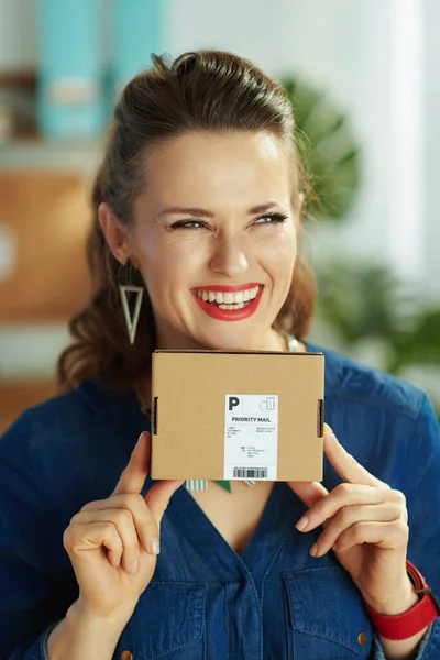 Smiling Stylish Middle Aged Small Business Owner Woman Parcel Office — Stok fotoğraf