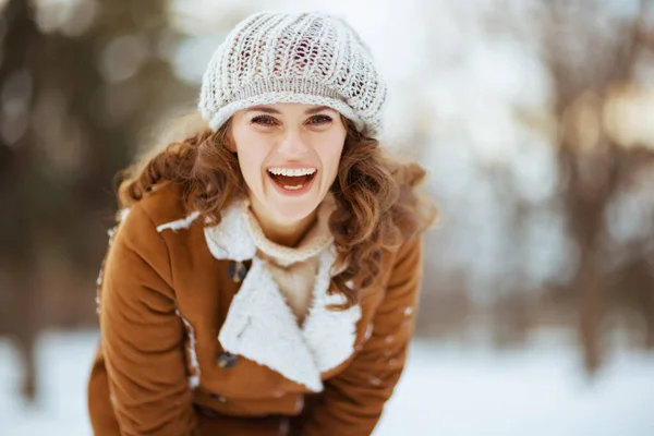 Portrait Happy Modern Years Old Woman City Park Winter Knitted — Stockfoto