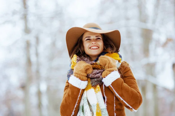 Smiling Stylish Female Brown Hat Scarf Mittens Sheepskin Coat Outdoors — Stock Photo, Image