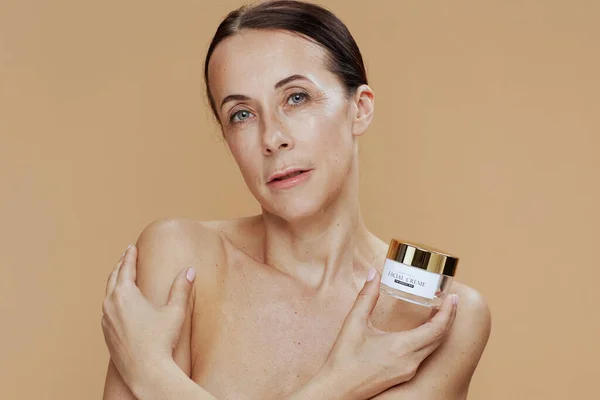 Modern Woman Facial Cream Jar Isolated Beige — Zdjęcie stockowe