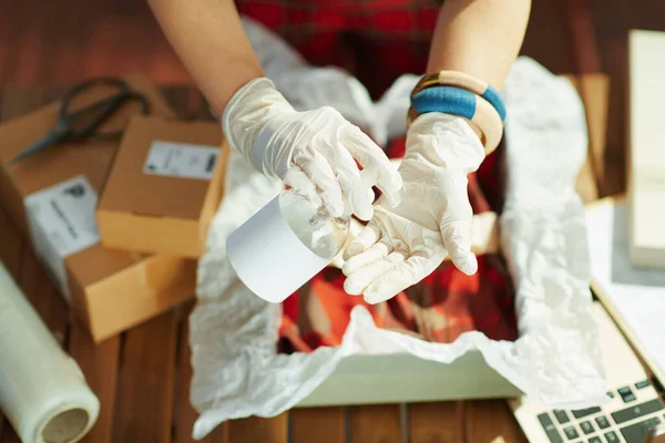 Closeup Small Business Owner Woman Disinfecting Hands Sanitiser Office — Stok fotoğraf