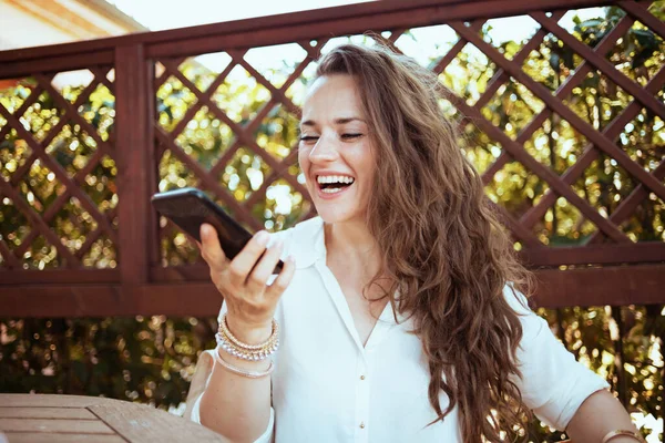 Happy Modern Years Old Woman White Shirt Talking Smartphone Terrace — Fotografia de Stock