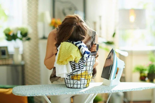 Tired Modern Years Old Woman Silk Blouse Beige Pants Steam — Foto Stock