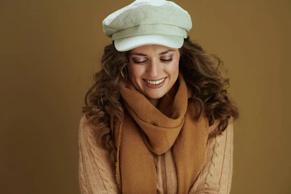 Hello October Happy Elegant Years Old Woman Sweater Brown Background — Stockfoto