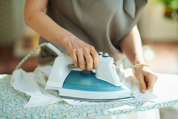 Closeup Woman Silk Blouse Beige Pants House Sunny Day Ironing — Stockfoto