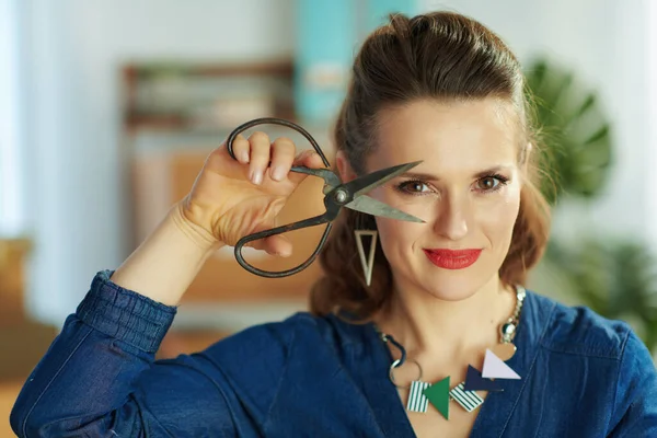 Portrait Happy Middle Aged Small Business Owner Woman Scissors Office — Stockfoto