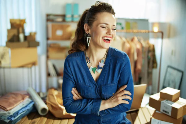 Smiling Trendy Middle Aged Small Business Owner Woman Office Blue — Stock Photo, Image