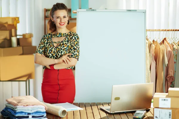 Portrait Smiling Modern Small Business Owner Woman Flipchart Office — Foto Stock