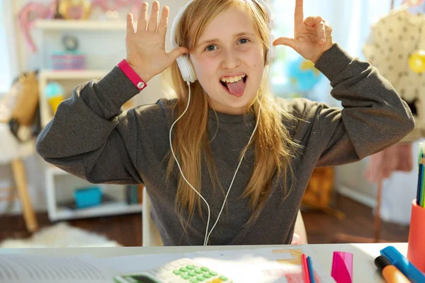 Cheerful Modern Child Headphones Homeschooling Having Online Meeting Fooling Making — Photo