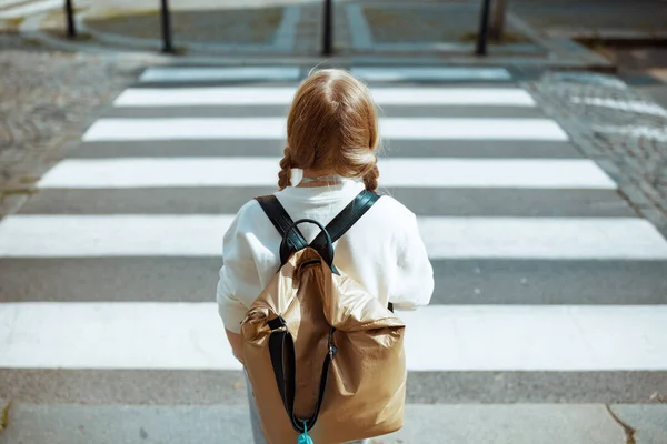 Seen Trendy Pupil White Sweatshirt Backpack Crossing Crosswalk Going School - Stock-foto
