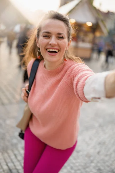 Happy Modern Years Old Woman Fair City Taking Selfie —  Fotos de Stock