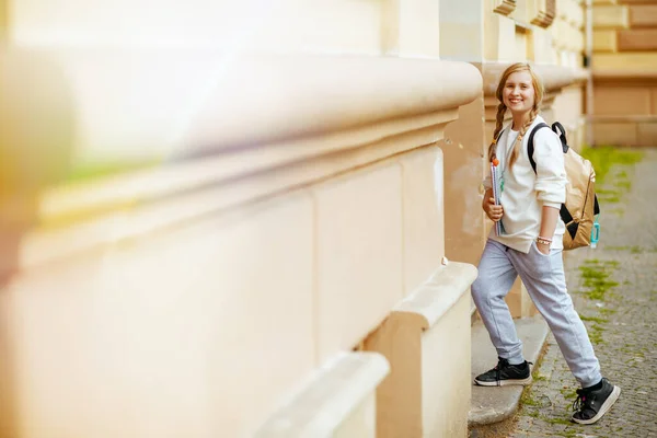 Happy Modern Child White Sweatshirt Workbook Antibacterial Agent Backpack Going — Stock Photo, Image