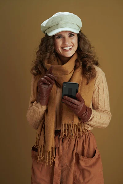 Hello September Smiling Modern Woman Sweater Leather Gloves Sending Text — ストック写真