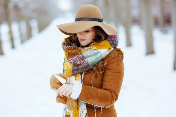 Stylish Female Brown Hat Scarf Mittens Sheepskin Coat Using Hand — 스톡 사진