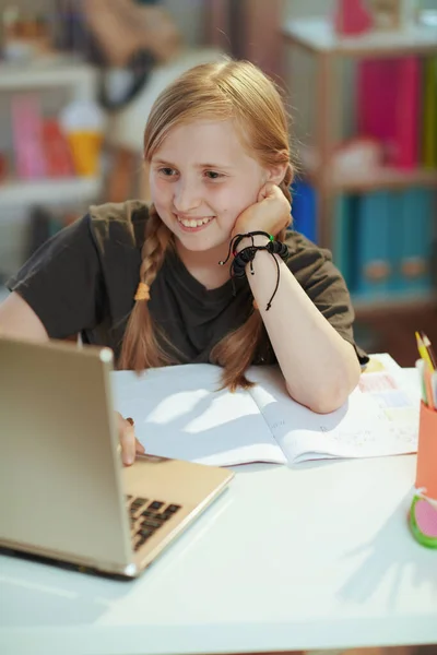 Szczęśliwe Nowoczesne Dziecko Szarej Koszuli Laptopem Skoroszytem Nauki Online Domu — Zdjęcie stockowe
