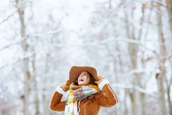 Smiling Stylish Years Old Woman Brown Hat Scarf Mittens Sheepskin — Stock fotografie