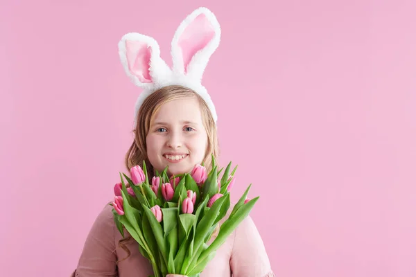 Portrait Happy Modern Child Long Wavy Blond Hair Tulips Bouquet — Stok fotoğraf