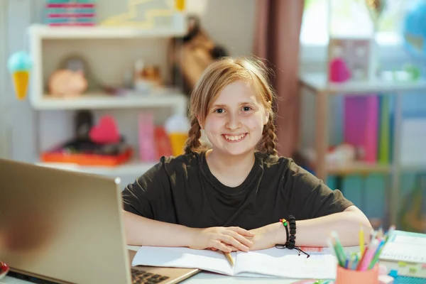 Portrait Happy Modern Pupil Grey Shirt Laptop Workbook Having Online — ストック写真