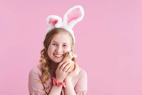 Portrait Happy Stylish Child Long Wavy Blond Hair Bunny Ears — Stockfoto