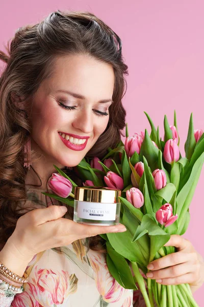 Happy Trendy Years Old Woman Floral Dress Tulips Bouquet Facial — Zdjęcie stockowe