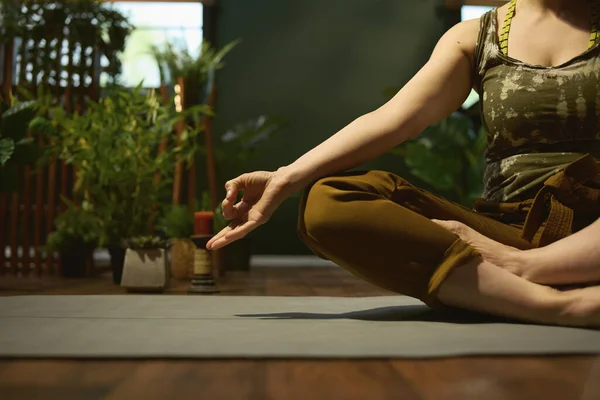 Closeup Female Yoga Mat Doing Yoga Green House — 스톡 사진