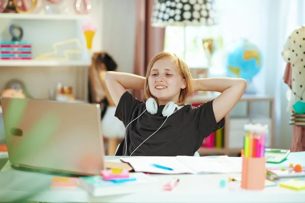 Relaxed Modern Child Grey Shirt Laptop Headphones Workbook Distance Learning — Stock Photo, Image