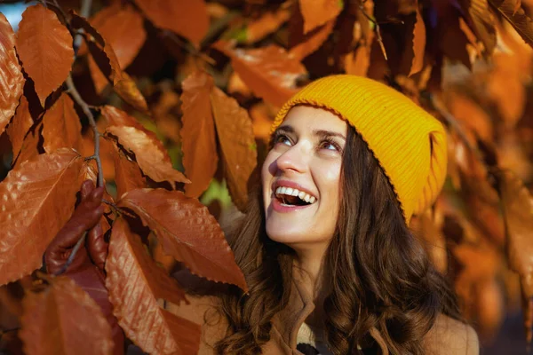 Hello Autumn Smiling Trendy Years Old Woman Brown Coat Yellow — Fotografia de Stock