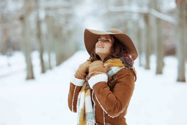 Relaxed Elegant Female Brown Hat Scarf Mittens Sheepskin Coat City — Zdjęcie stockowe