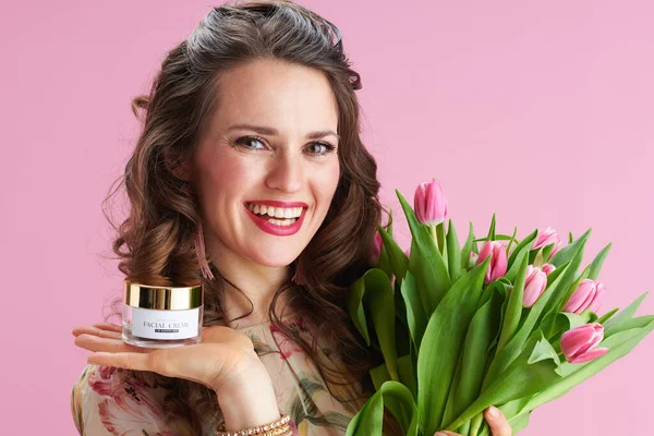 Portrait Smiling Elegant Female Floral Dress Tulips Bouquet Facial Creme — Stok Foto