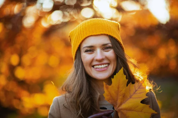 Hello October Smiling Years Old Woman Beige Coat Orange Hat — Stockfoto