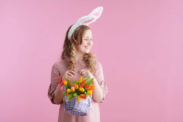 Smiling Stylish Girl Long Wavy Blond Hair Bunny Ears Easter — Stok fotoğraf