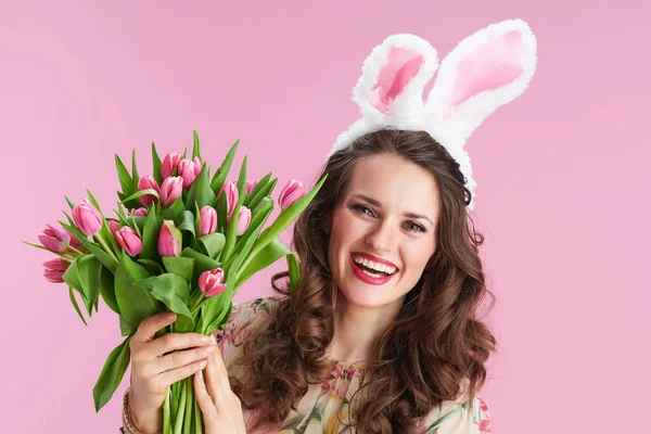 Modern Middle Aged Woman Floral Dress Tulips Bouquet Bunny Ears — Photo