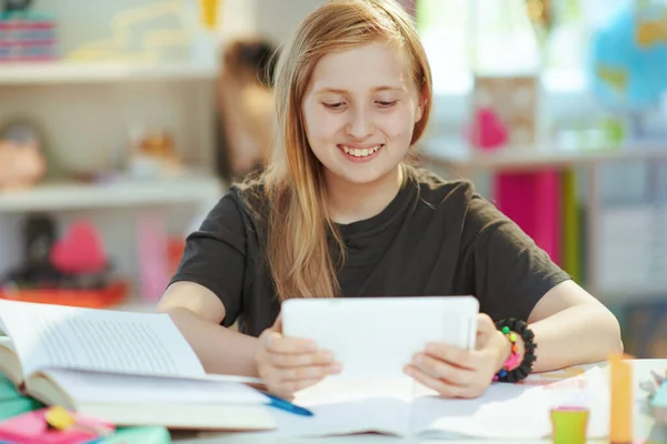 Smiling Modern Child Grey Shirt Tablet Having Online Education Home — 图库照片