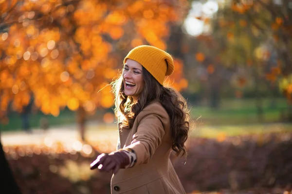 Hello September Happy Stylish Woman Brown Coat Yellow Hat Having — ストック写真