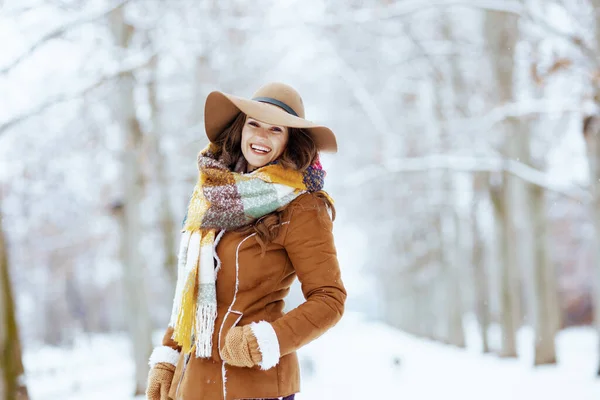 Smiling Modern Female Brown Hat Scarf Mittens Sheepskin Coat City — Fotografia de Stock