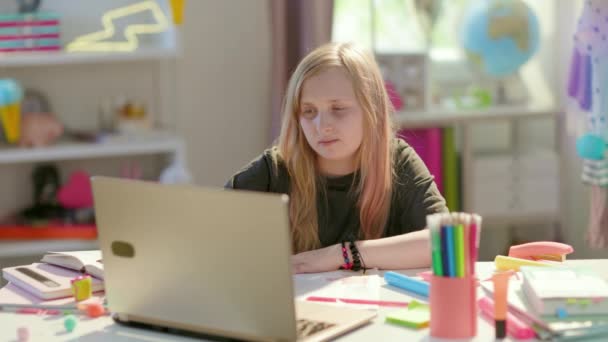 Happy Modern Pupil Grey Shirt Laptop Having Online Education Home — Videoclip de stoc