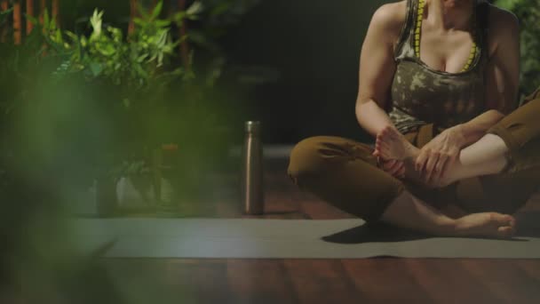 Closeup Female Yoga Mat Doing Yoga Green House — Stok video