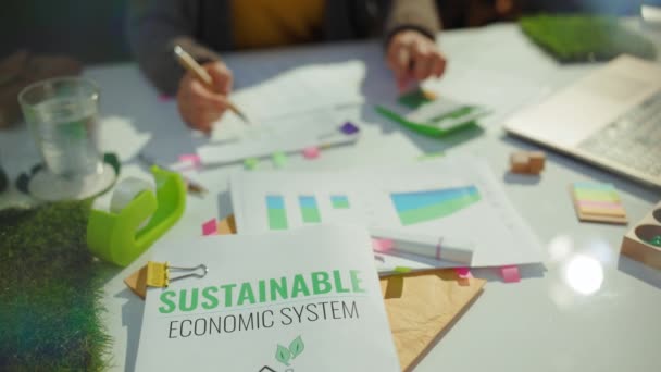 Eco Bewuste Zaken Zakenvrouw Werkt Met Documenten Functie — Stockvideo