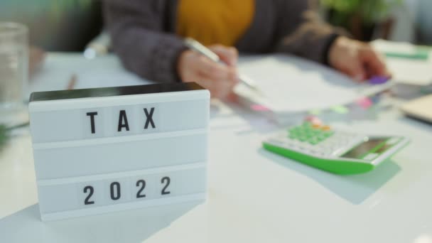 Tempo Delle Tasse Commercialista Donna Che Lavora Con Documenti Carica — Video Stock