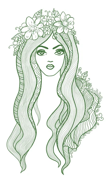 Dibujo vectorial artístico de una hermosa chica con flores — Archivo Imágenes Vectoriales