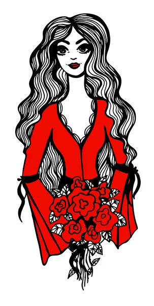 Όμορφη κοπέλα με κόκκινα τριαντάφυλλα στα χέρια — Διανυσματικό Αρχείο